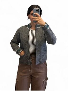 Vintage Sutton's Gray Wool Zip Cardigan Embroidered Decorative Trim Women’s S